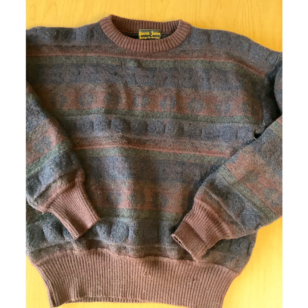 Patrick James Mens 100% Merino Virgin Wool Striped Crewneck Sweater Burgundy M